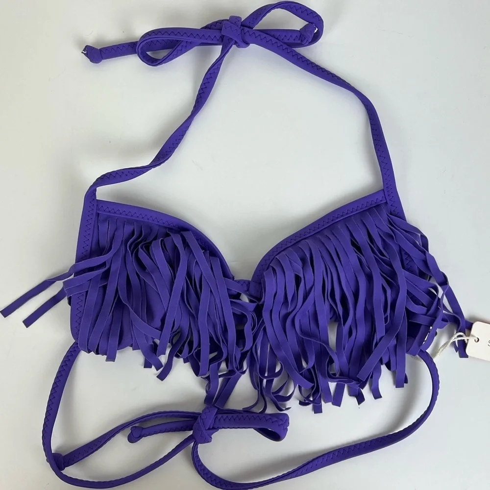 Stone Fox Swim | Harlow Fringe Triangle Bikini Top Purple | S